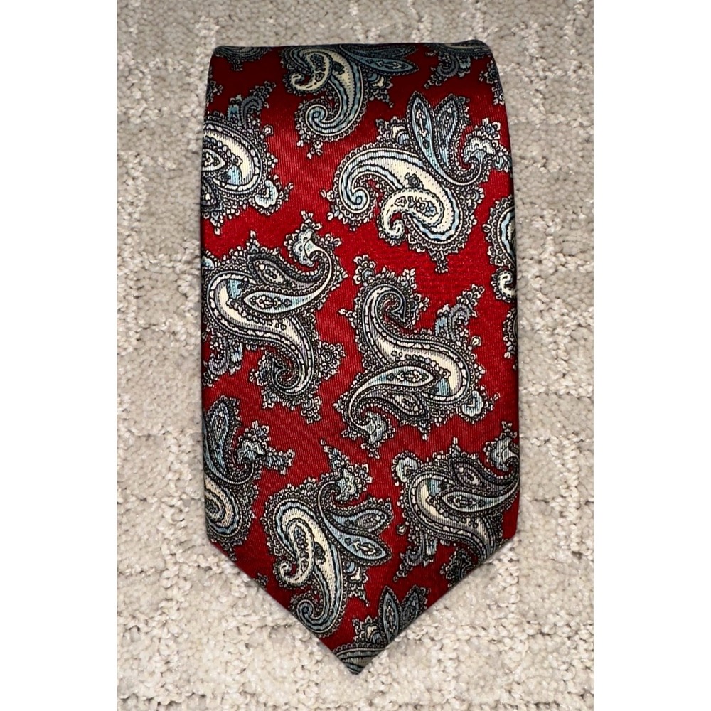 Hardy Amies London Red Silk Tie Paisley Pattern Classic Designer Mens Necktie